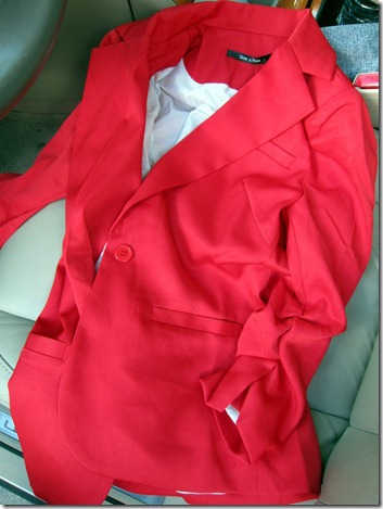 red blazer grey pants