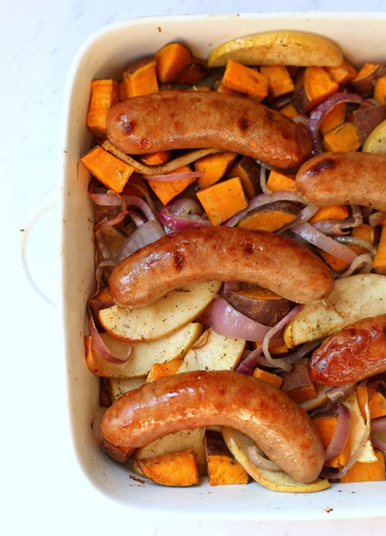 One Pan Chicken Sausage and Sweet Potato Bake