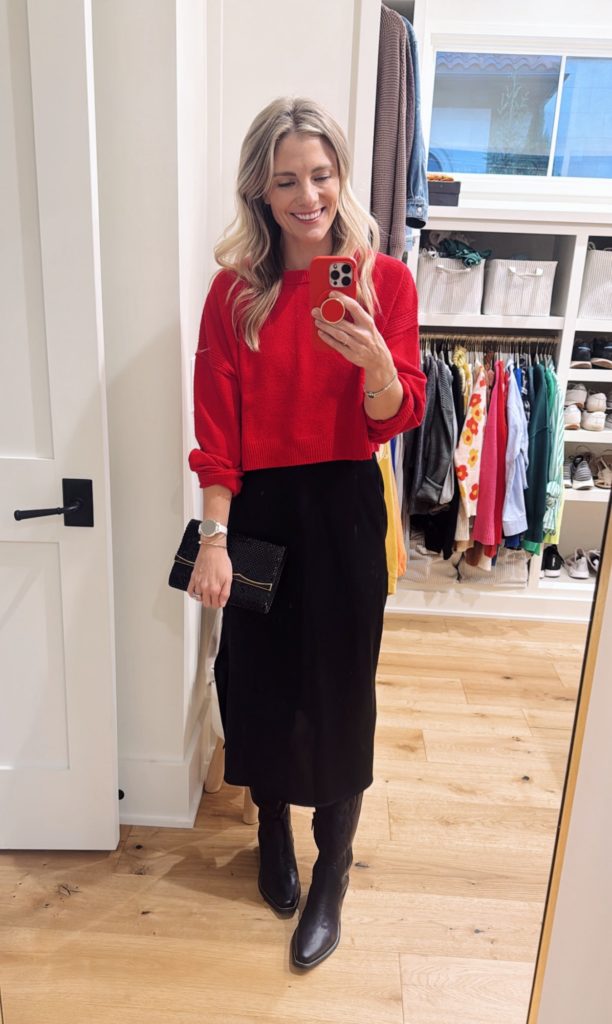 red sweater black midi skirt target black boots